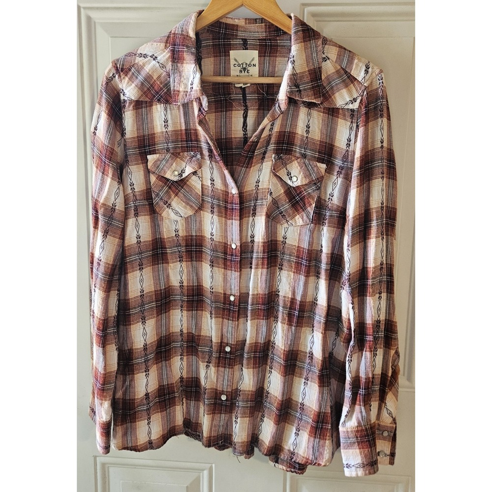 Cotton & Rye Women's Large Western Plaid Snap Front Shirt Brown Pink Long Sleeve